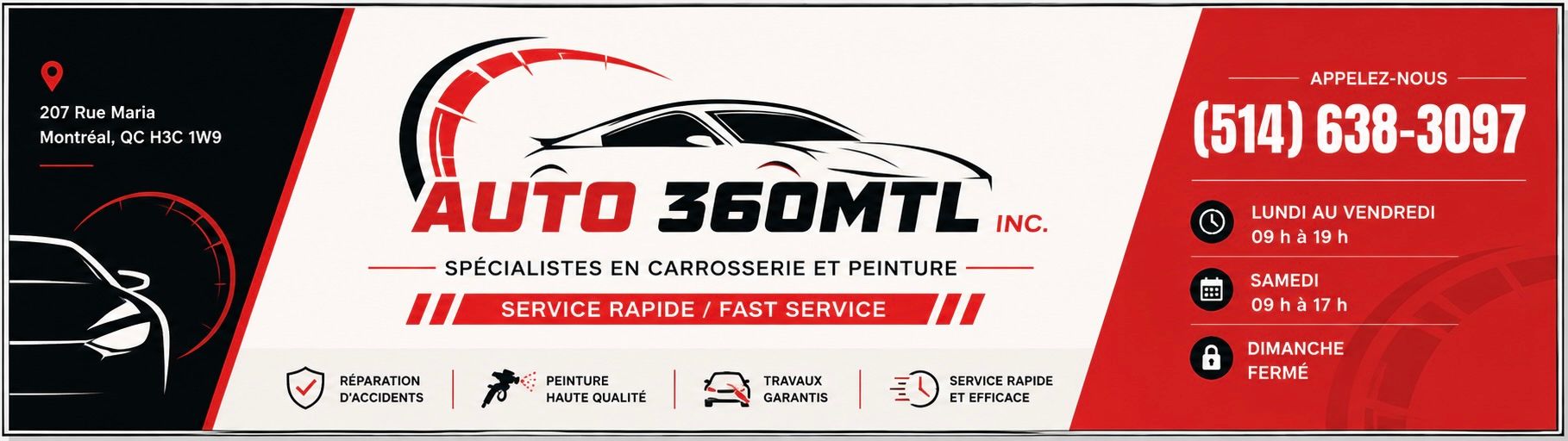 Enseigne officielle Auto 360MTL — Spécialistes en carrosserie et peinture, 207 Rue Maria, Montréal