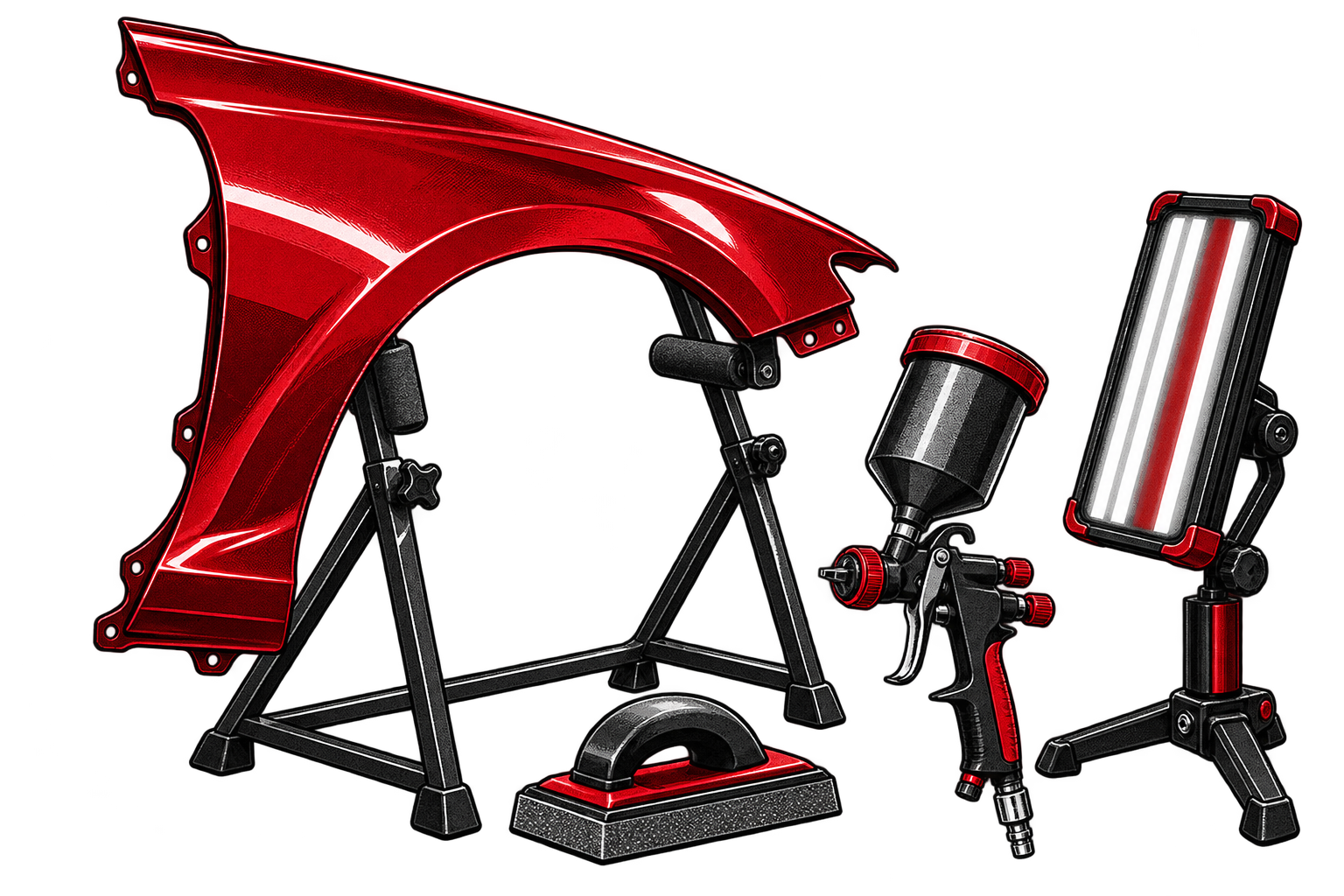 Illustration d’un panneau de carrosserie et d’outils de finition