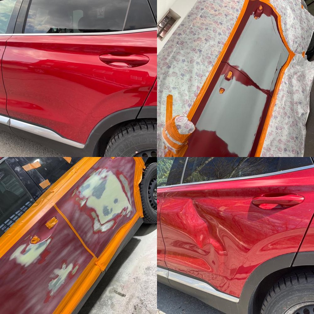 Portière rouge pendant les étapes de préparation et après la peinture